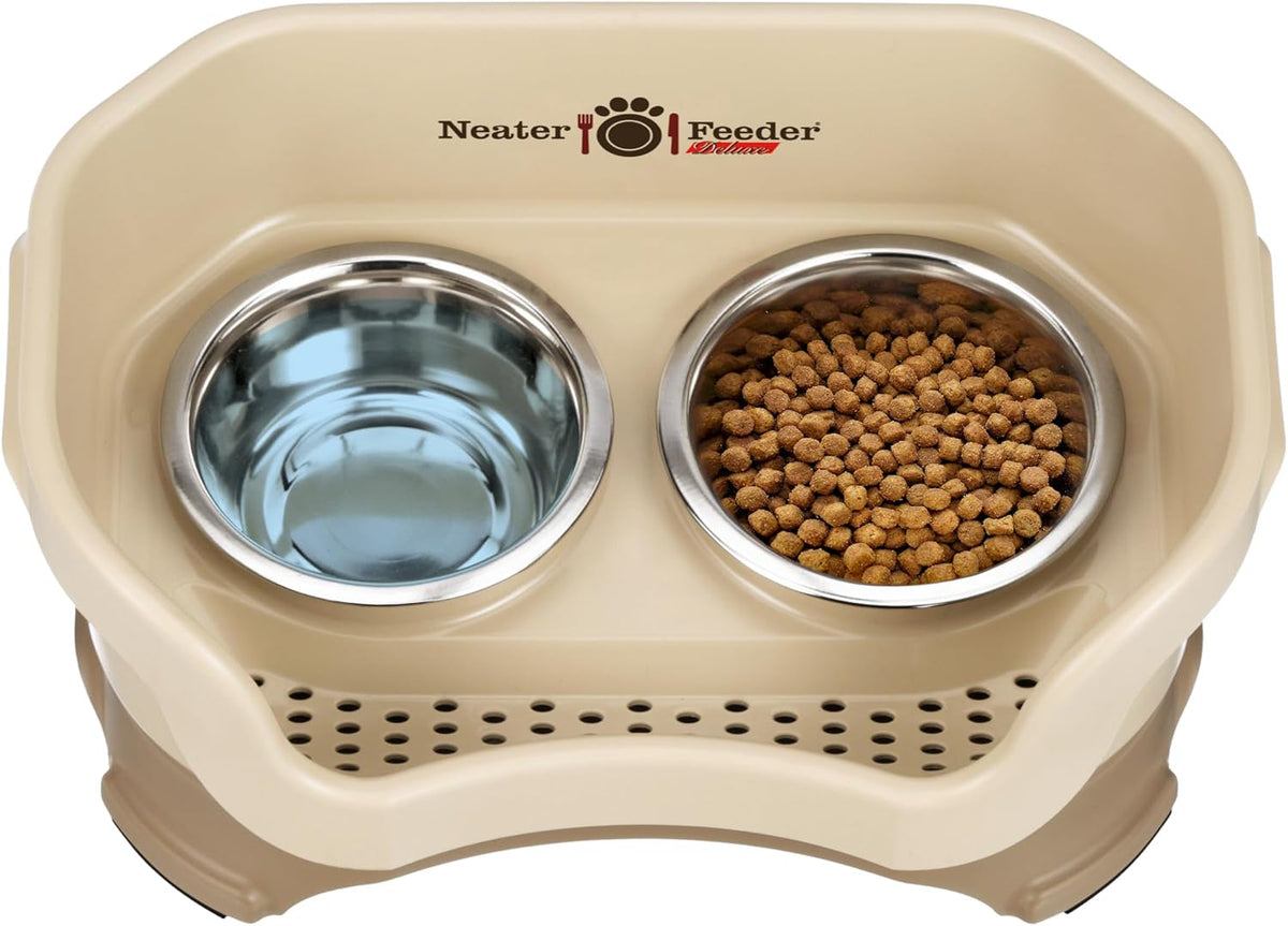 Neater Pet Brands Neater Feeder Deluxe Mess Proof Cat Bowls Elevated, Made in USA, No Spill Raised Bowls for Indoor Cats, Stainless Steel Food and Water Bowl Set, Pet Dish Feeding Station, Cappuccino 