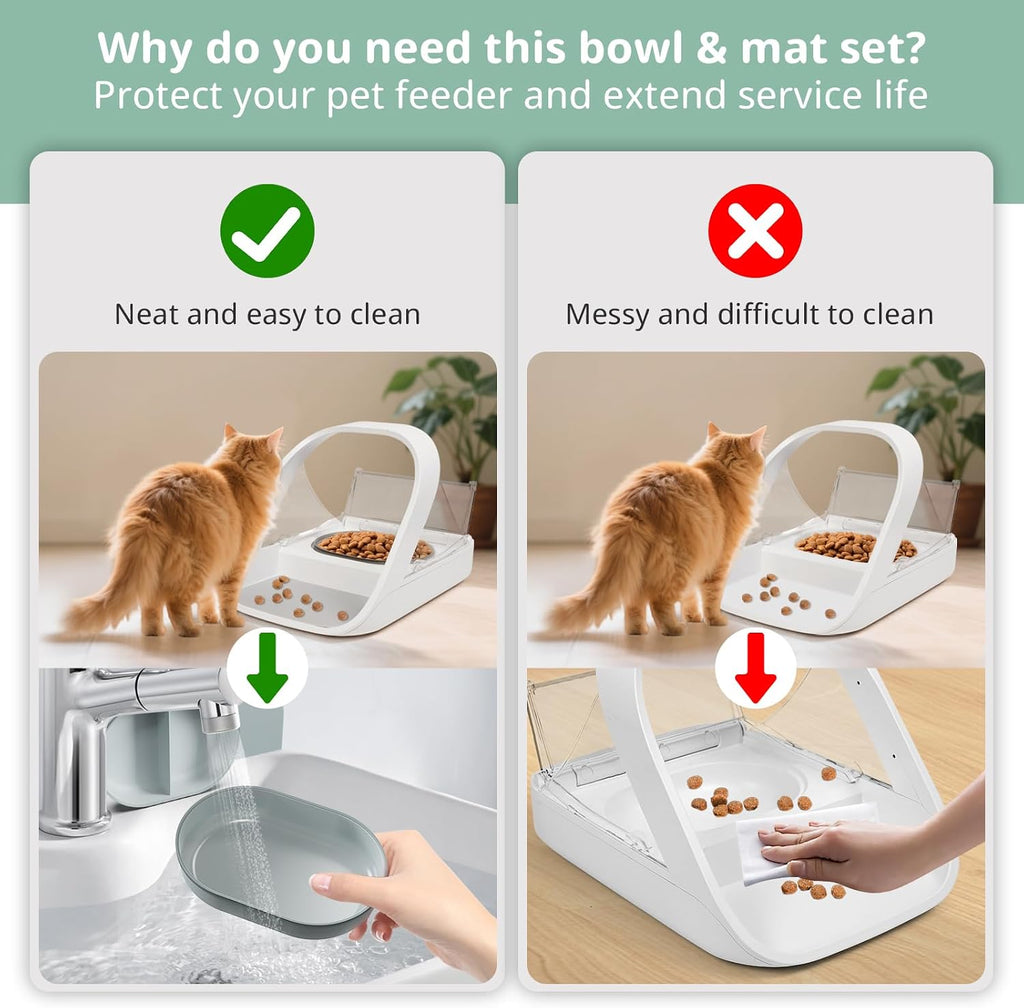 Bowl & Mat Set for Automatic Microchip Cat Pet Feeder, Sealing Ring Design for Keeping Food Fresh and Reducing Odor, Easy to Clean(Grey)