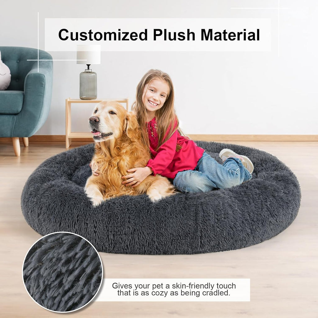 Calming Dog Beds XXLarge Sized Dog Donut Washable Bed 49inchs, Dgrey