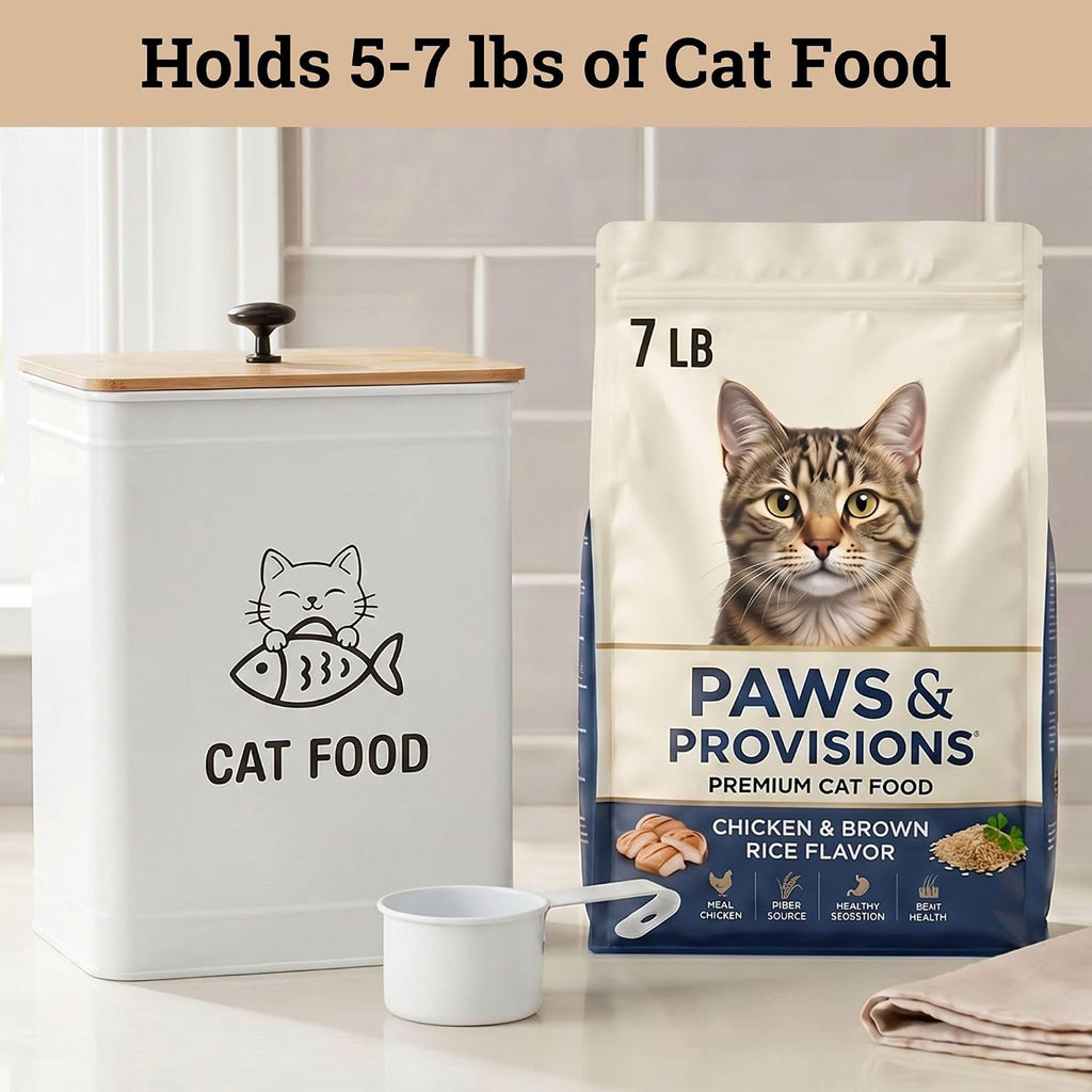 Metal Cat Food Container with Scoop 5-7 lb (25 Cup), w/ Airtight Bamboo Lid