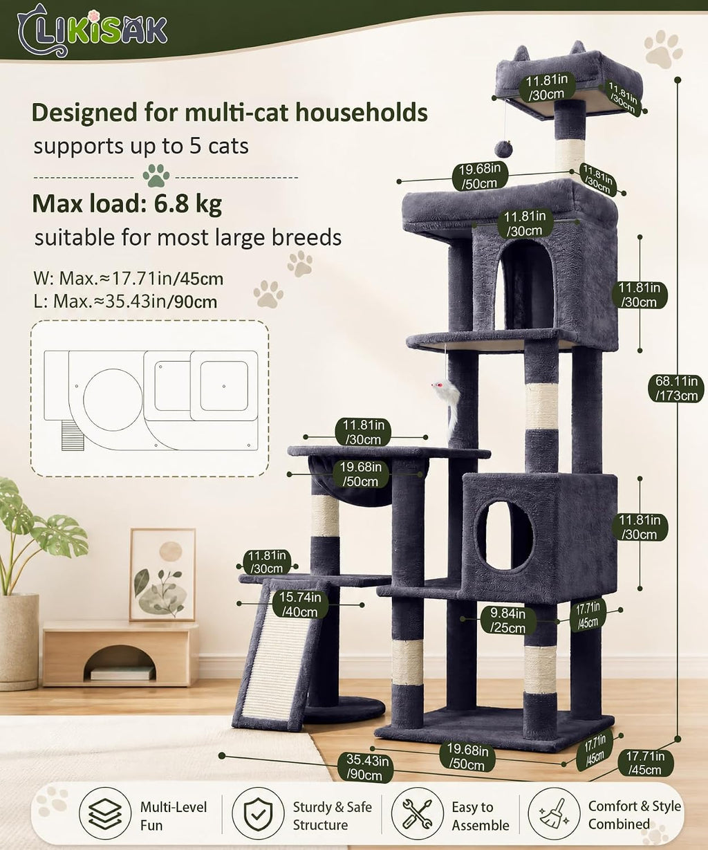 68 Inch Heavy Duty Cat Tree Tower for Indoor Cats Large Adult