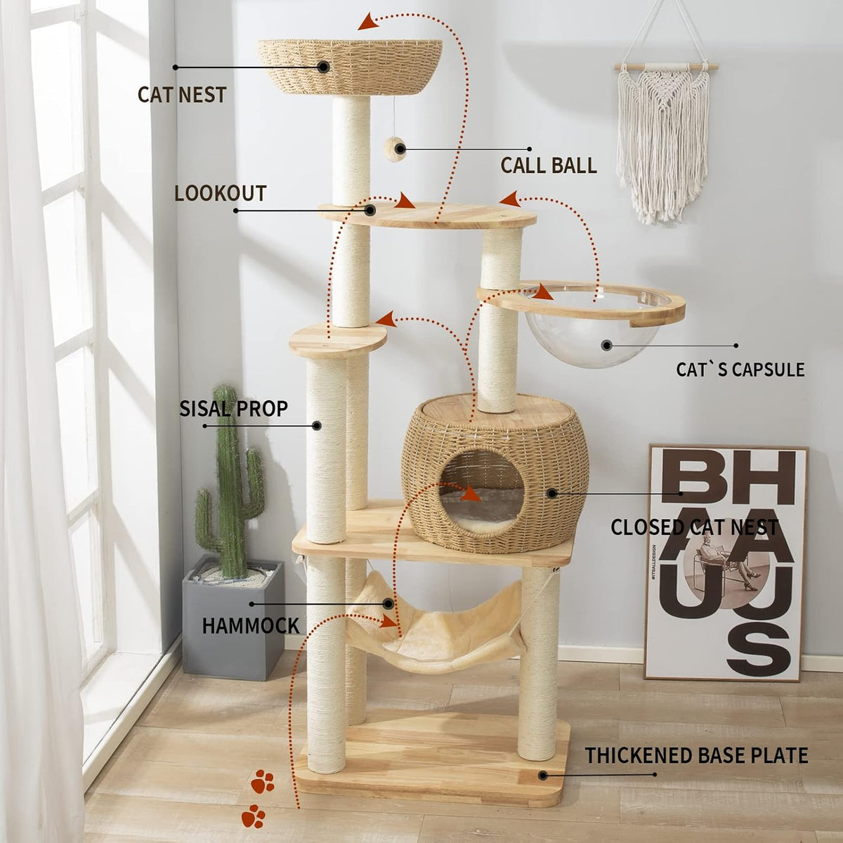 59-Inch Modern Cat Tree Tower for Large Indoor Cats, Handwoven Basket Condo