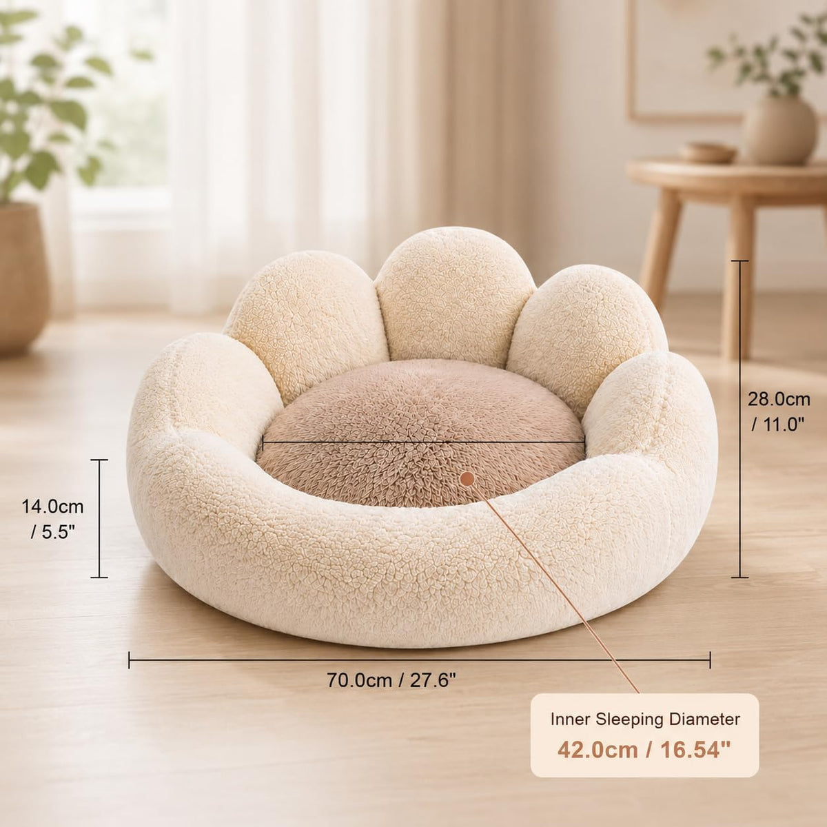 Small Dog Bed, Flower-Shaped Calming Cat Bed, 27 in, Beige
