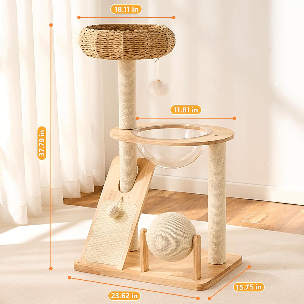 HITTITE Solid Wood Cat Tree Tower with Scratching Post, 36.6 Inches Tall Cat Towers with Scratching Board and Scratcher Ball, Modern Cat Tower With Space Capsule and Hand-Woven Basket for Indoor Cats.