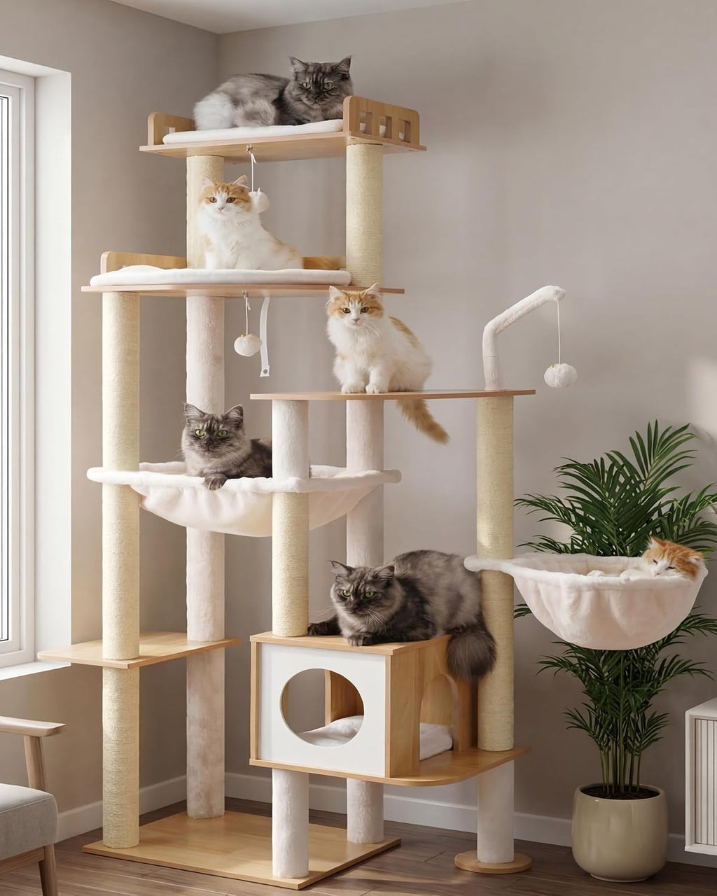 Heybly Cat Tree, 70.5" Wood Tall Cat Tower for Large Indoor Cats HCT121WB