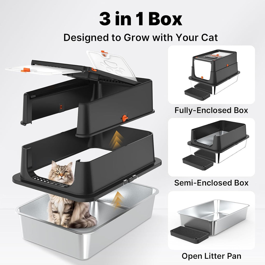 Stainless Steel Litter Box with Flip Lid, XL Extra Large Cat Litter Box with High Sided Top Entry Design, Anti-Leakage Enclosed Metal Litterbox for Big Cats, with Handle, Mat, Pedal & Scoop, Black