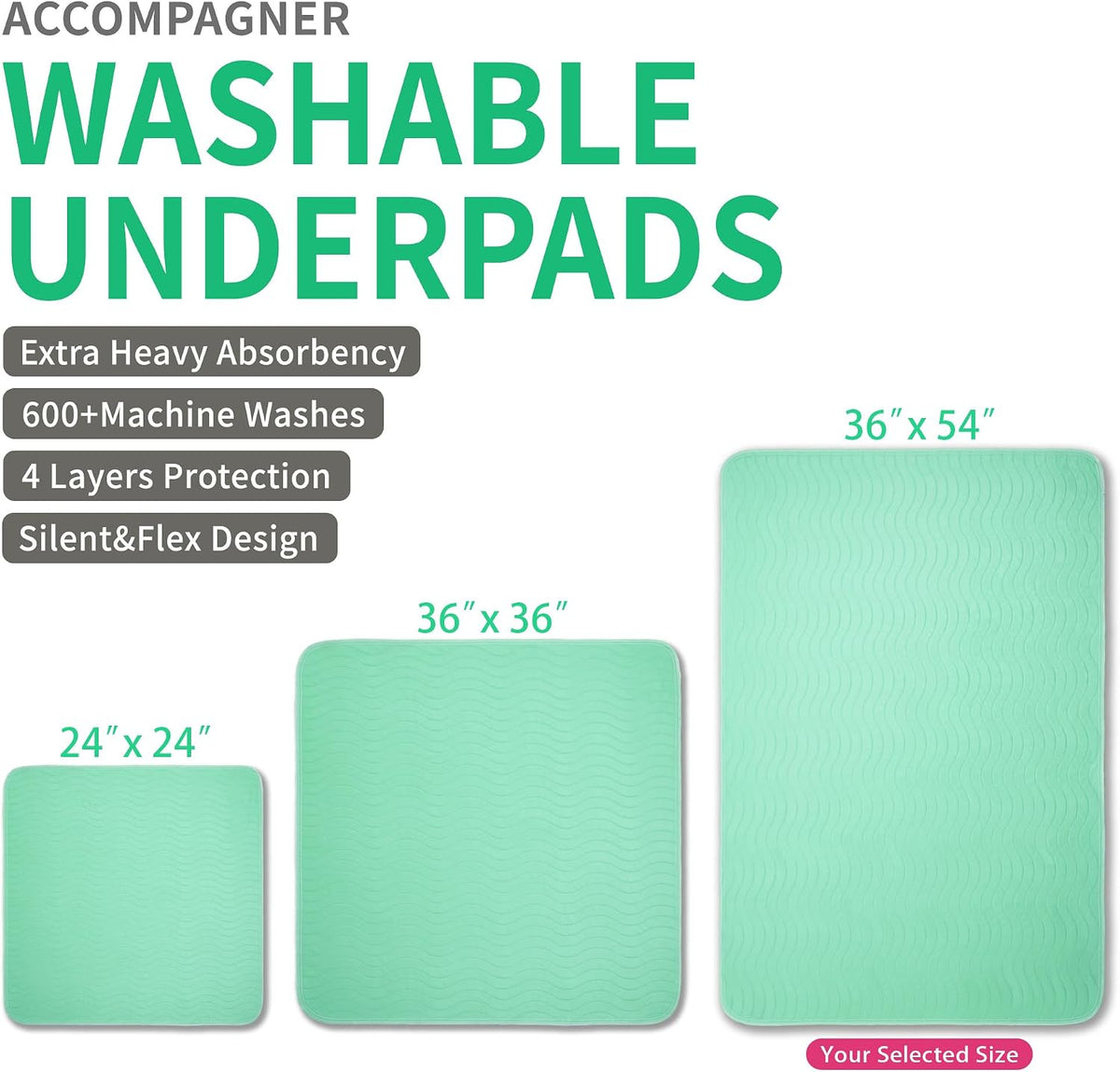 Accompagner Incontinence Bed Pads Washable Waterproof, Ultra-Absorbent Reusable Underpads for Diaper Changing, Nursing, Bedridden, Adults, Seniors, Kids and Dogs (Green, 36"x54"(Pack of 4))