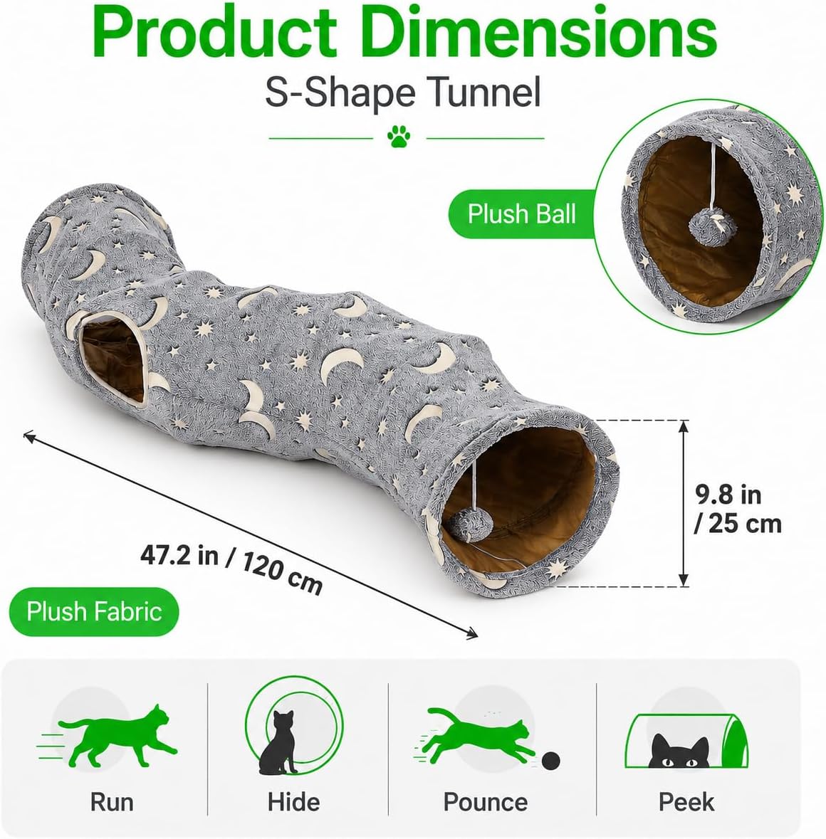 Cat Tunnel Tube with Plush Ball Toys Collapsible Self-Luminous Photoluminescence, for Small Pets Bunny Rabbits, Kittens, Ferrets,Puppy and Dogs Grey Moon Star (S-Shape)