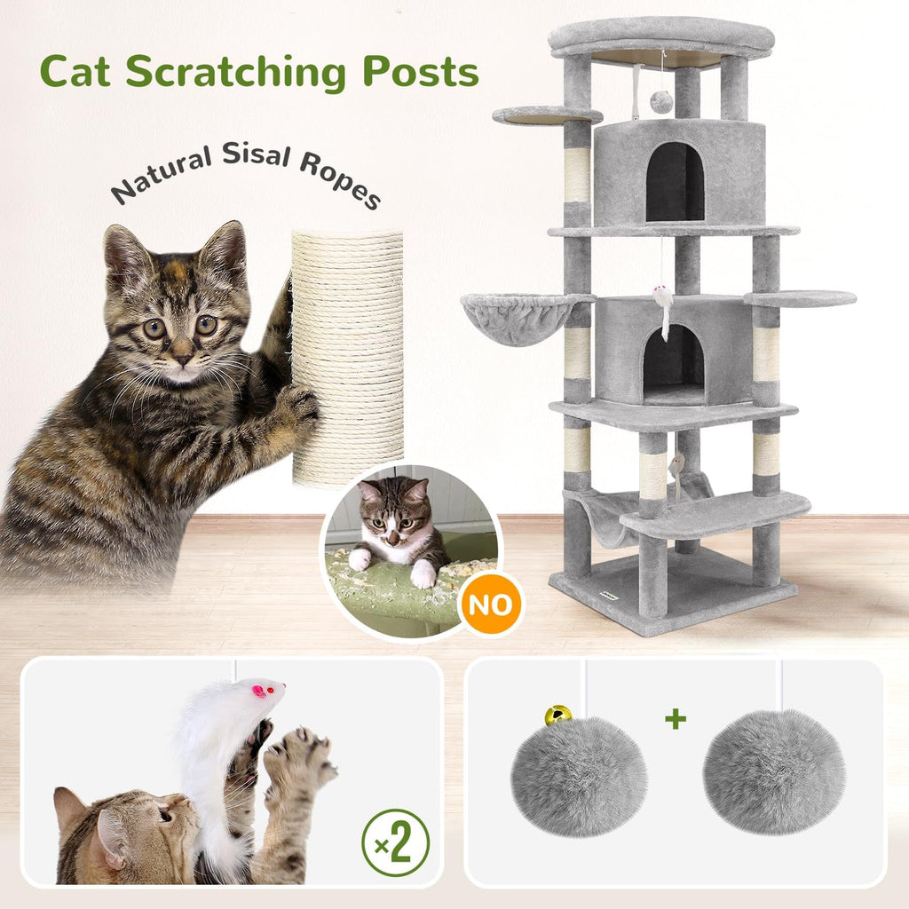 Globlazer 66in Corner Cat Tree Tower for Indoor Large Cat, C66, Light Grey