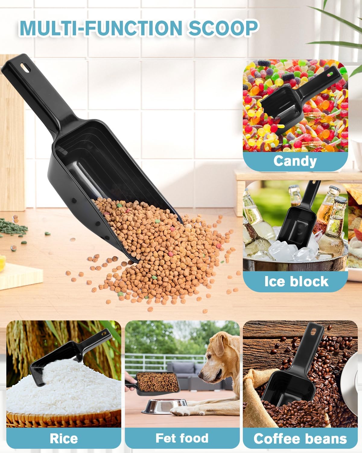 2 Cup Dog Food Scoop(2 Pack), Plastic Pet Food Scoop with Measuring Lines for Accurate Pet Food Portions,Dishwasher Safe (Black)