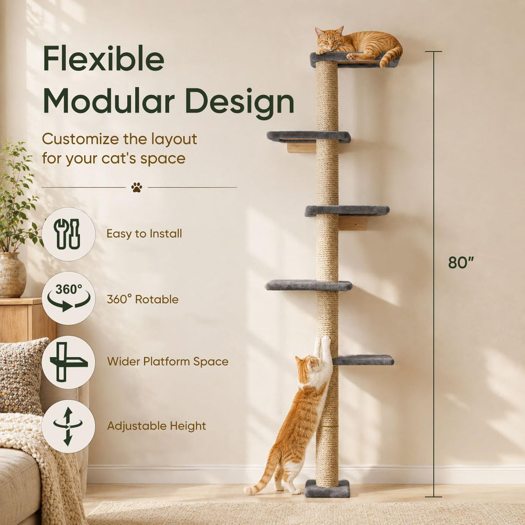 80-Inch Wall-Mounted Cat Tree with Scratching Post & 5 Perches