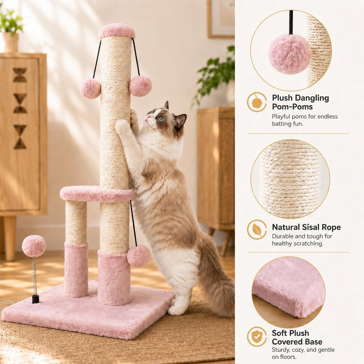 Dimaka Tall Cat Scratching Post, Double Lower Posts Extra Stable Cat Post Tree Scratcher with Sisal Rope and Teasing 4 Balls Total Large Base (Pink)