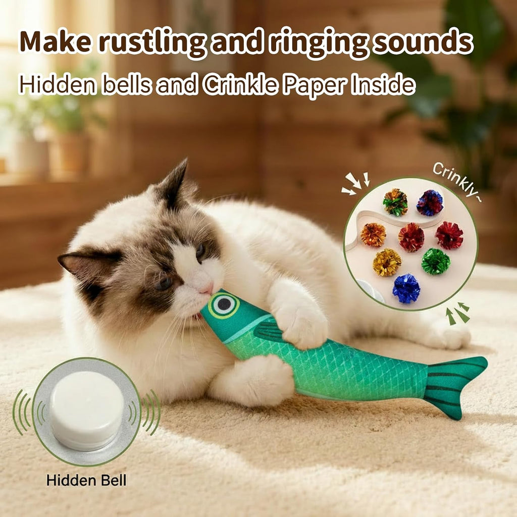 Cat Toys for Indoor Cats, Fish-Shaped Pillow, 2 Pack Red+Green | 5000mg A+Natural Catnip & Bell, Interactive Soft Chew Kicker, For Indoor Cats & Kittens, Crinkle & Bell Fish Sound Toy
