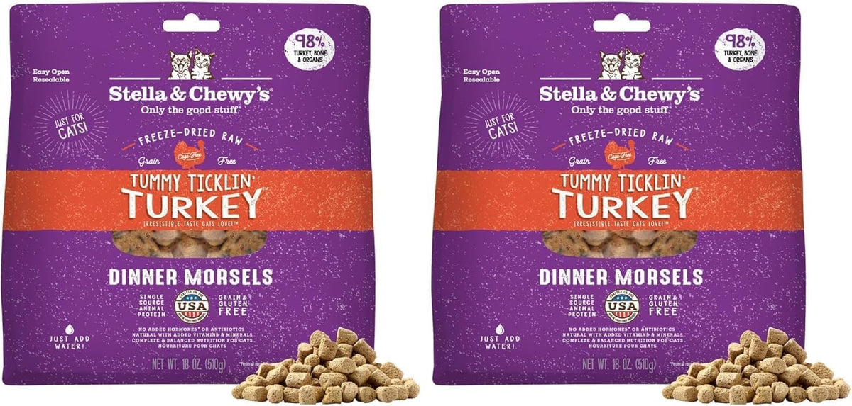 Stella & Chewy's Freeze-Dried Raw Cat Dinner Morsels - Premium Turkey Recipe with 98% Farm-Raised Meat & Organs - Natural Grain-Free Cat-& Kitten Food - Made in USA - 18 oz,(Pack of 2)