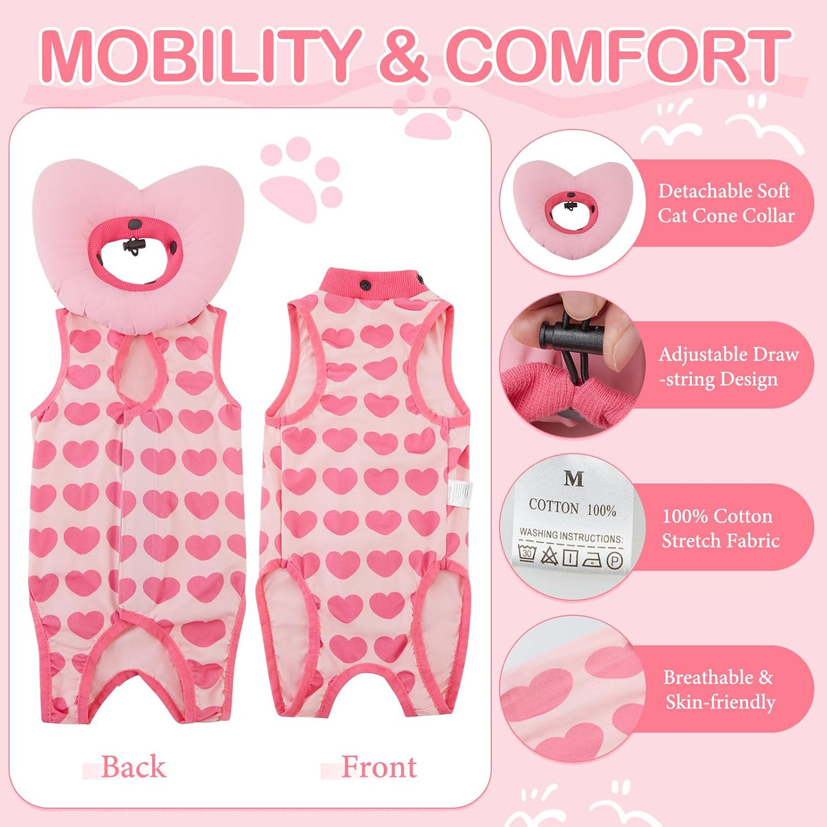 EMUST Cat Recovery Suit, Soft Cone Collar for Female Cats Anti-Licking Pink