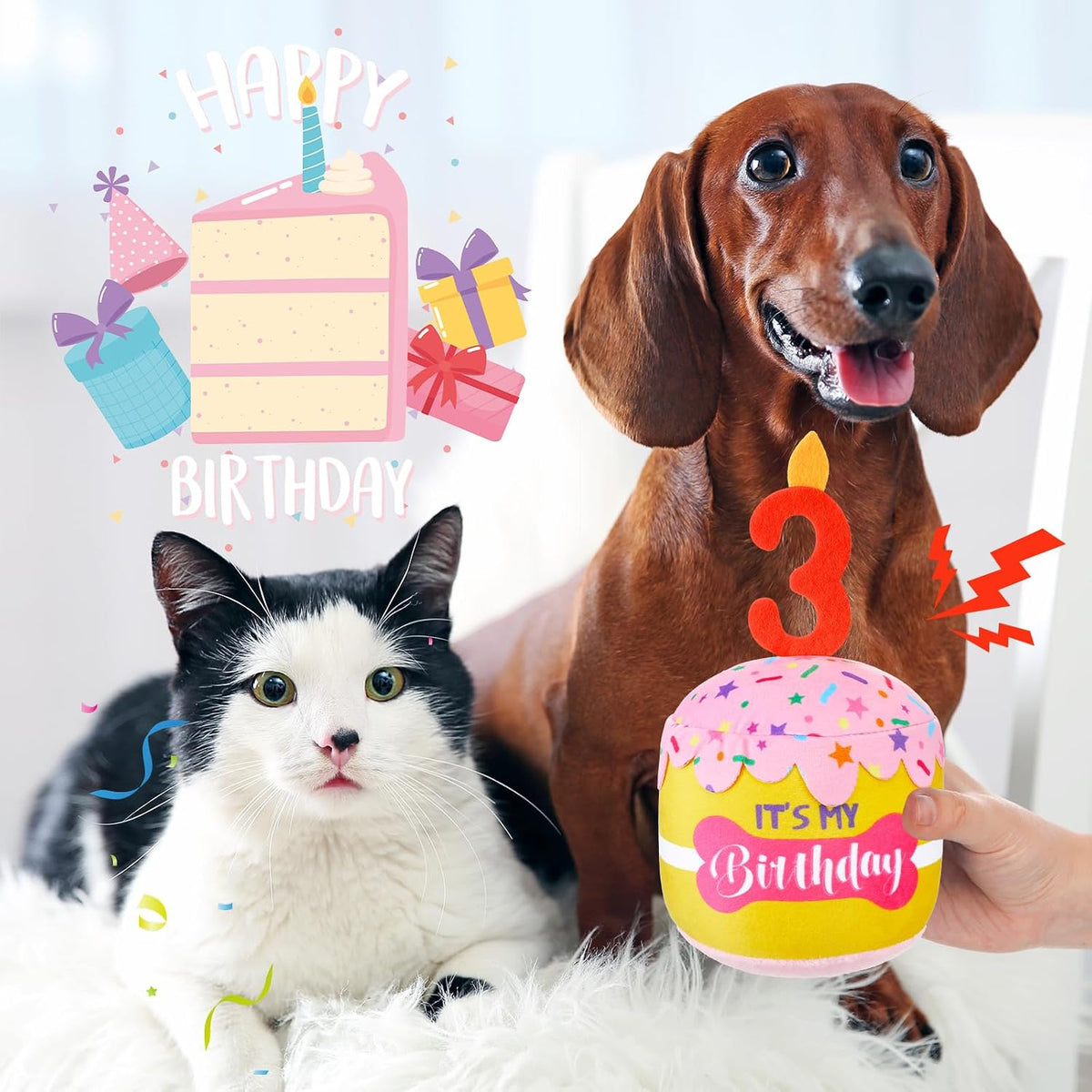 Dansydaisy Dog Birthday Cake Toy Squeaky Plush Gift,3rd,Pink and Yellow | Interactive Squeaky Gift for Dogs, Dog Birthday Decor , Soft Chew for Small Medium Large Pets, Cake Design with Candle