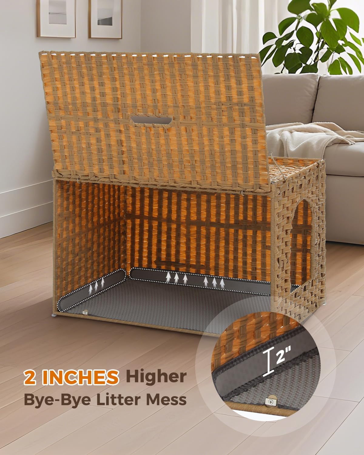 MUTTROS Rattan Cat Litter Box Enclosure - Extra Large Hidden Litter Box Furniture by Handwoven Wicker with Taller Doorway & Raised Edge Mat-Cat House Cabinet for Large Cats Indoor Odor Control, Beige