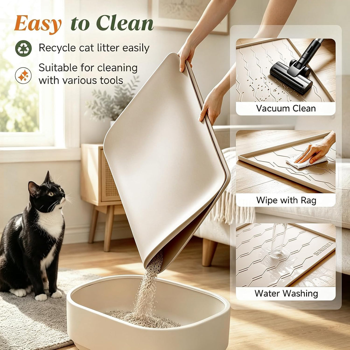 Songrey Silicone Cat Litter Mat 34" x 22", Large Litter Trapping Mat, Beige | Waterproof, Urine-Proof Litter Box Mat for Floor, Soft on Kitty Paws, Easy To Clean, Cat Supplies, Pet Feeding Mat