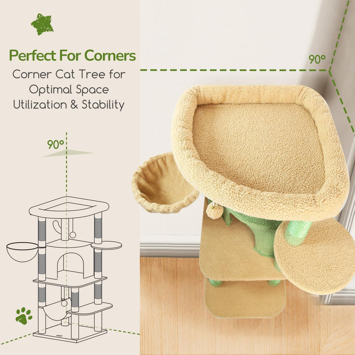 Globlazer Cactus Corner Cat Tree Tower with Scratching Post, C51, Green