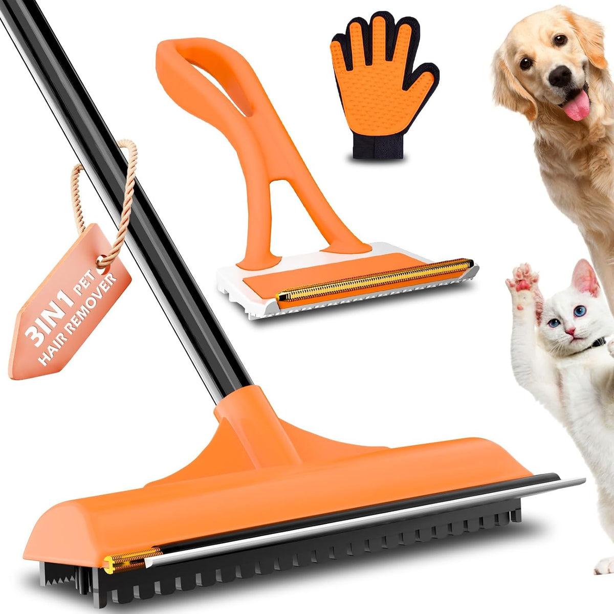 Carpet Rake for Pet Hair Removal - Reusable Dog & Cat Hair Remover with 58" Reinforced Steel Handle, 3-in-1 Professional Modular Rug Rake & Scraper Tool for Shag Rugs, Couch, Stairs (Orange)