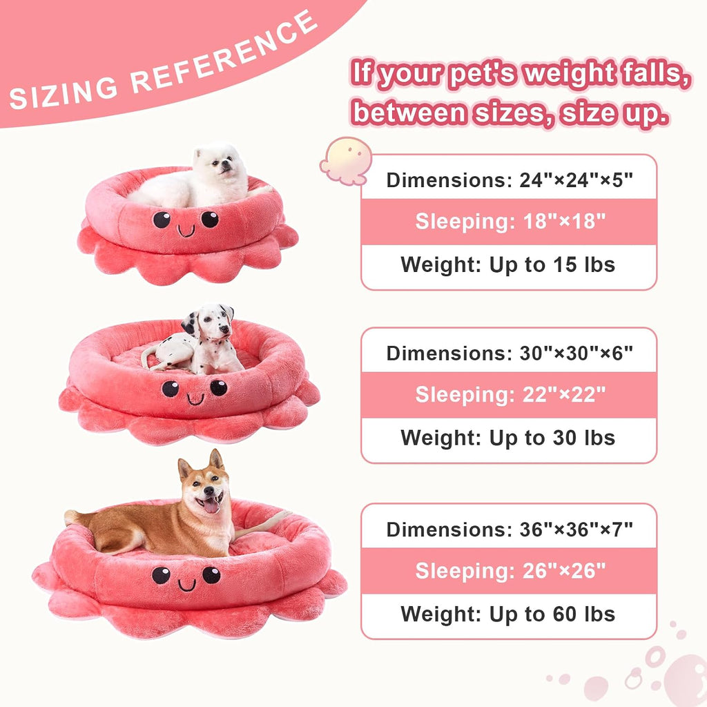 Jiupety Cute Calming Dog Beds Clearance for Medium Small Dogs, Anxiety Bolster Dog Bed with Octopus Shape, Pink, Red, Boho, Round Pet Bed Cat with Removable Cushion