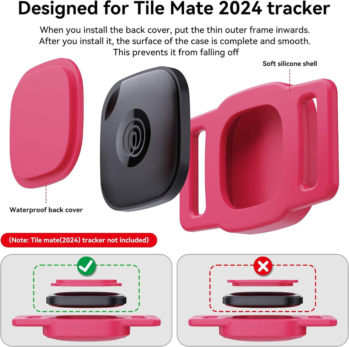 DDJ 2-Pack Waterproof Dog Collar Holder for Tile Mate Tracker, Durable Silicone Life360 Tile Case for Cat &Pet Collars Without Shaking, Anti-Lost Full Body for Tile Cover, Easy to Install, Pink Punch
