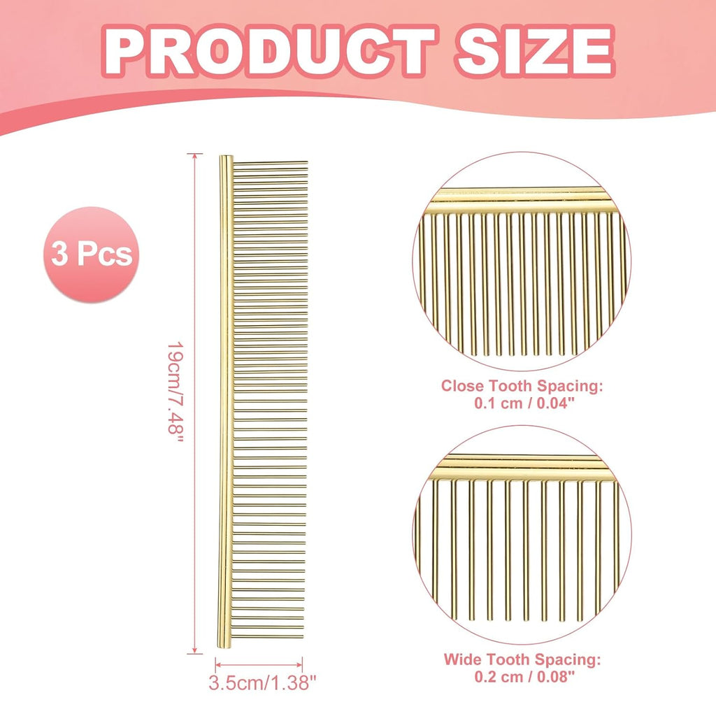 Dog Cat Comb, Pet Combs Stainless Steel Teeth with Rounded Ends for Knots Mats Loose Hair Removal, 7.5IN (Gold Plated, 3 Pack), Grooming Tool Intended for Long Curly Hair Pet