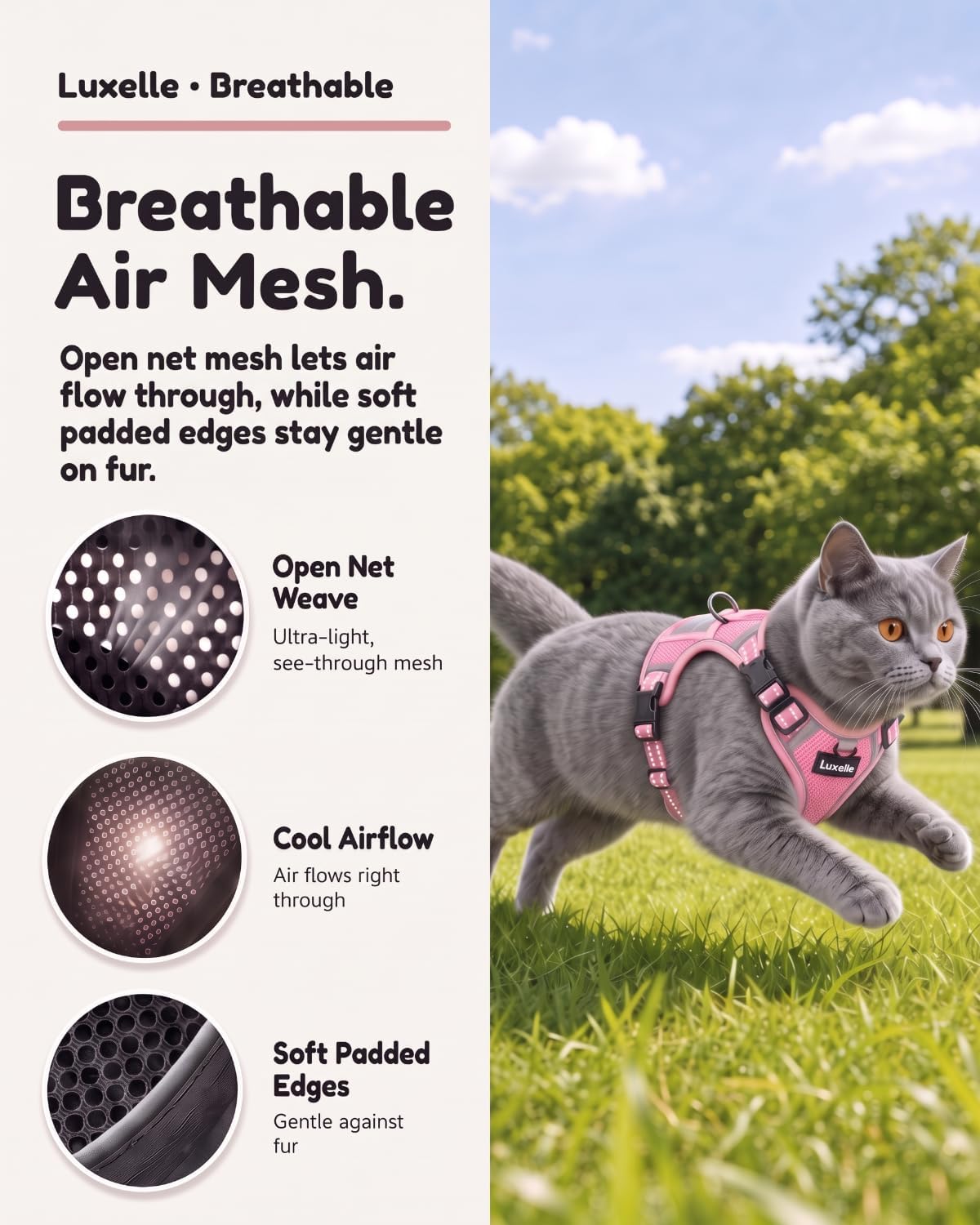 Luxelle Escape Proof Cat Harness with Retractable Leash & Wrist Strap Set