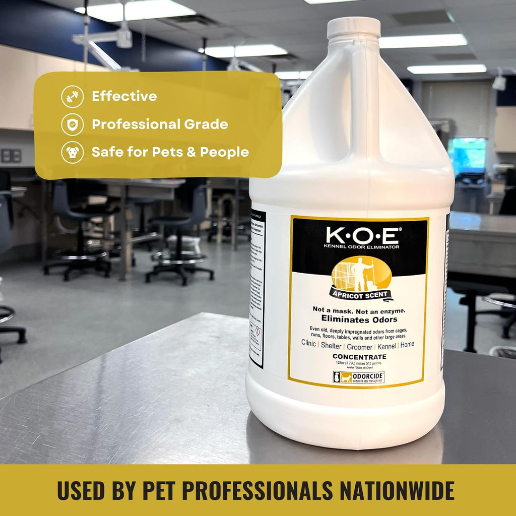 Odorcide K.O.E. Apricot Odor Eliminator Concentrate for Strong Odor for Cages, Runs & More – Home & Kennel w/Safe, Non-Enzymatic Formula - 128 oz