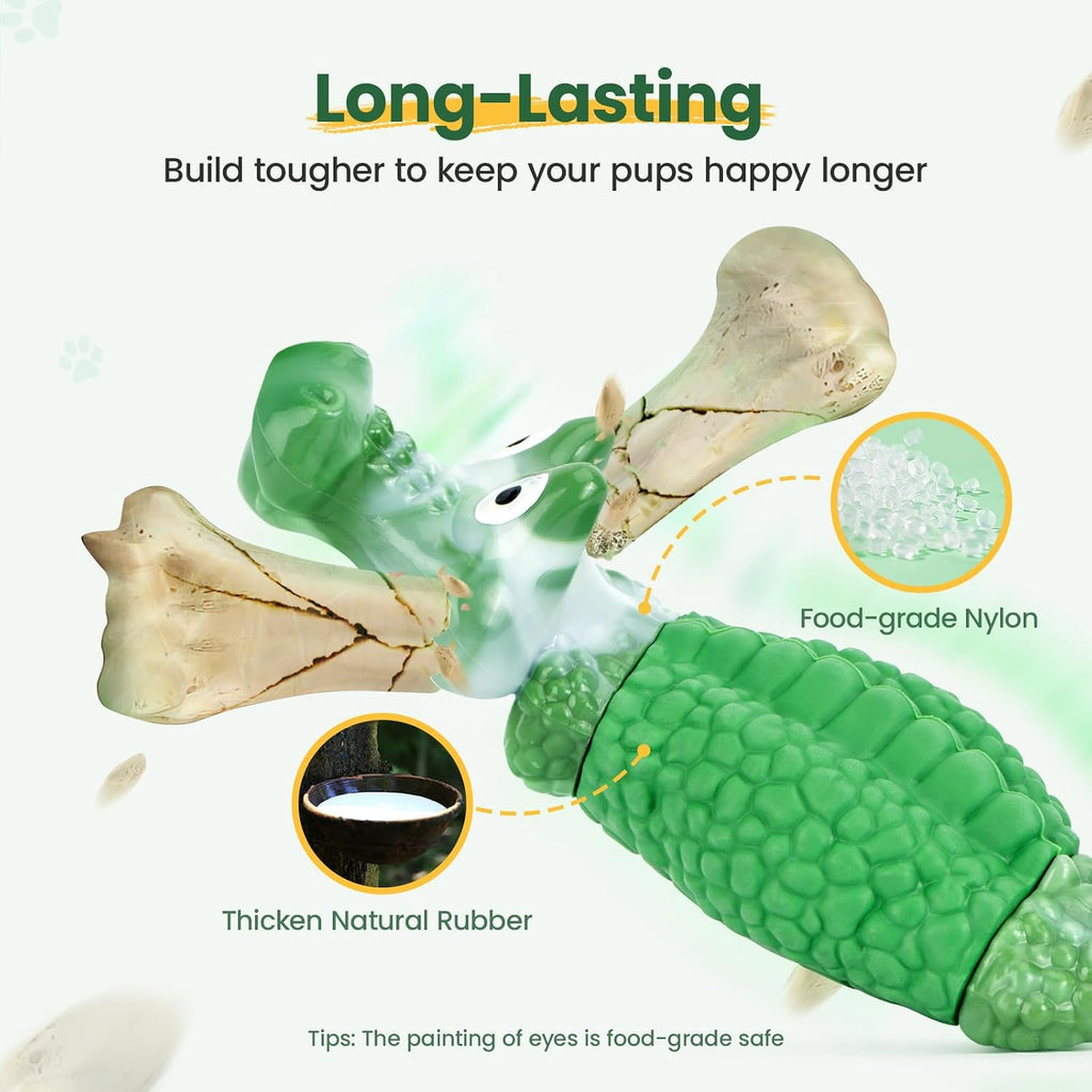HGB Dog Toys for Aggressive Chewers, Tough Squeaky Indestructible Chew Toy | Alligator Dog Toy for Medium & Large Dogs, Hard Nylon & Natural Rubber, Teeth Cleaning, Bacon Flavor, Keeps Dogs Busy