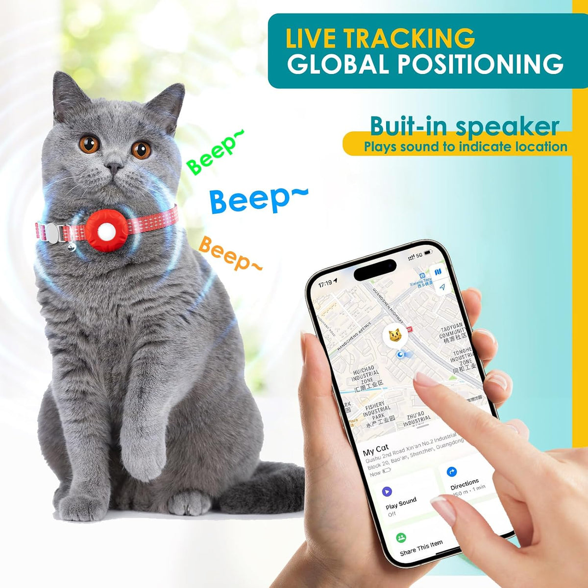 Cat Tracker, MINI Pet Tracker for Cats, Cat GPS Tracker Compatible with Apple Find My App(Only iOS), Real-Time Tracking, Precise Positioning,No Monthly Fee,Long-Life Battery, Smart Alerts,Red