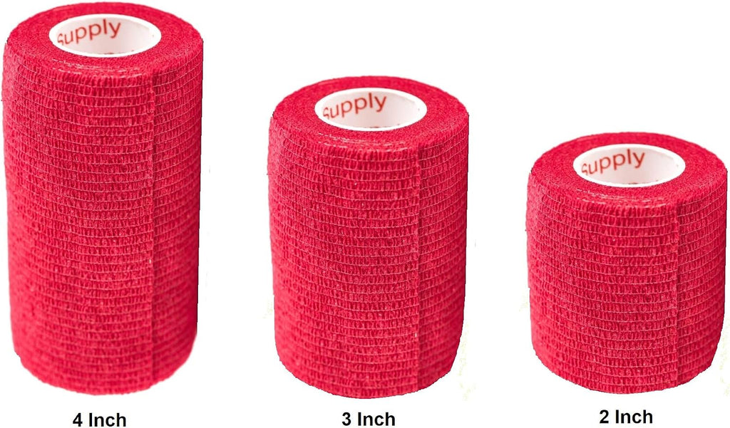 Vet Wrap Tape (Red) (2 Pack) (3 Inch x 15 feet) Self Adhesive Adherent Adhering Cohesive Flex Self Stick Bandage Grip Roll Dog Cat Pet Horse