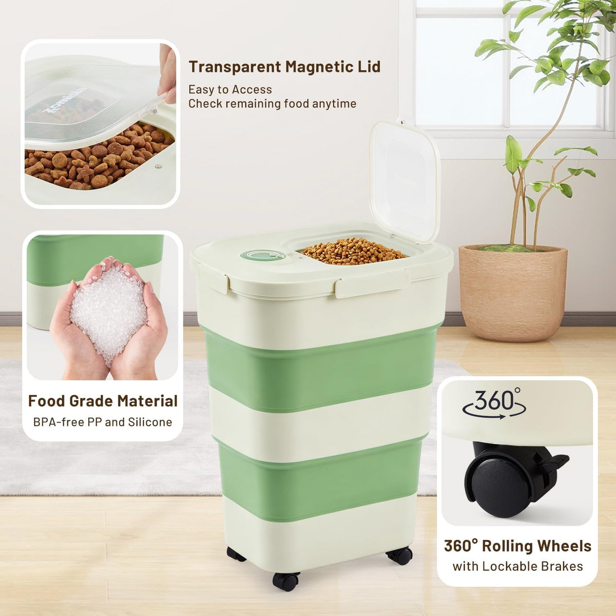 ZOMISIA 40-50lbs Collapsible Dog Food Storage Container with Wheels, Green