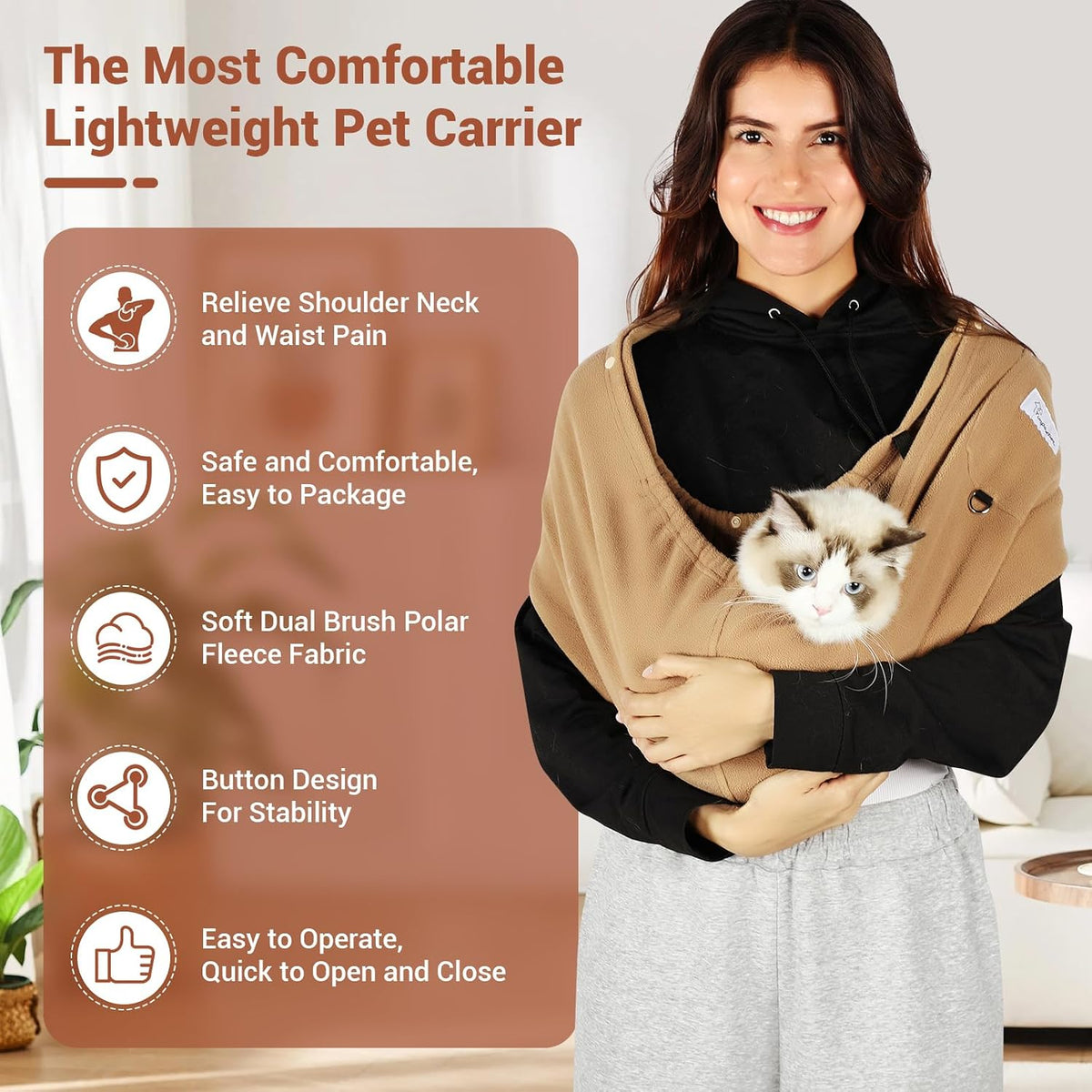 Dog Carrier Sling,Indoor Comfort Adjustable Cat Sling Carrier,with Front Pocket and Seat Belt Dog Carriers for Small Dogs Machine Washable,Suitable for Family Outdoor Use (Medium, Khaki)