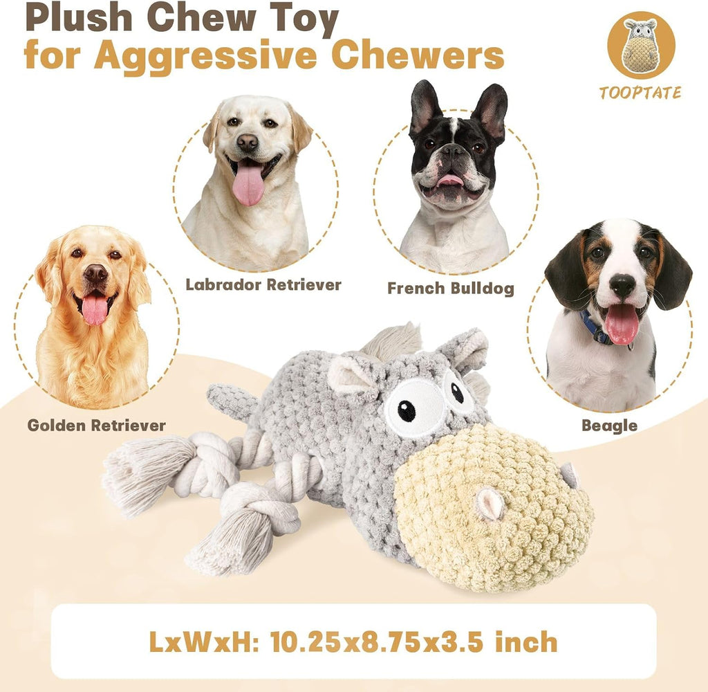 TOOPTATE Hippo Squeaky Dog Toy, Gray, Medium | Cute Plush Design, Rope Legs for Tugging, Helps Keep Dogs Busy, Suitable for Small, Medium, and Large Dogs
