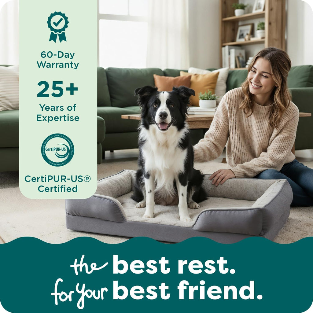 Furhaven Cooling Gel Dog Bed for Large/Medium Dogs w/ Removable Bolsters & Washable Cover, For Dogs Up to 55 lbs - Plush & Velvet Waves Perfect Comfort Sofa - Granite Gray, Large