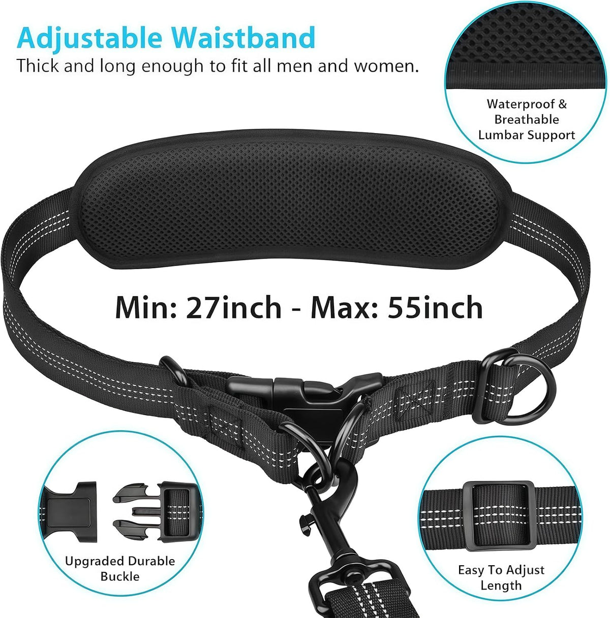 Uppetly Hands Free Dog Running Leash with Adjustable Waist Belt, Dual Handle Elastic Bungees Retractable Rope for Small and Medium Dogs, Reflective Stitches for Walking Hiking Biking (Medium, 8-35lb)
