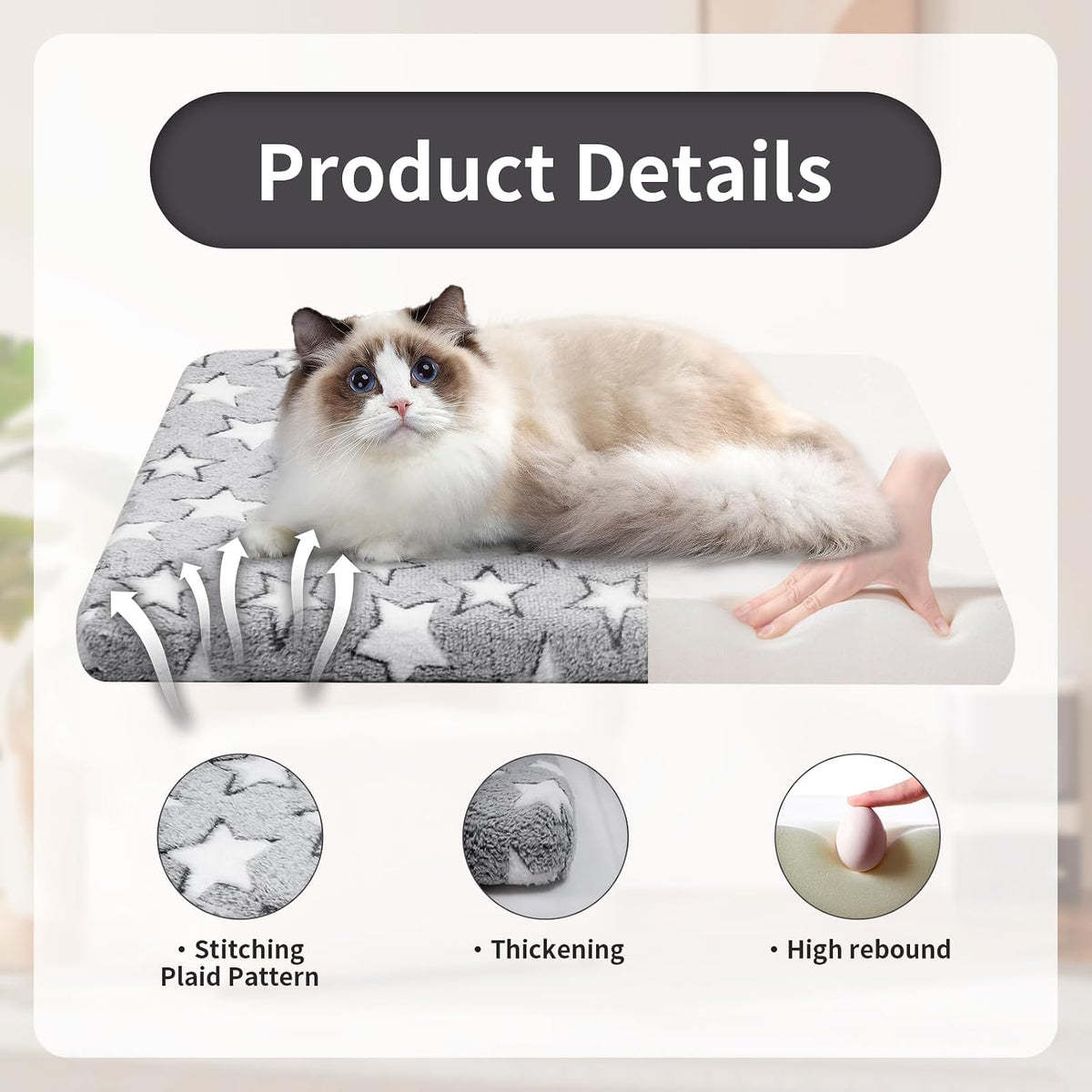 Dog Crate Mats, Dog Bed Mat, Cat Mat - Short Plush Pet Mat Crate Pad for Small Dogs, 1.6-inch Thick Thin Dog Mat, Machine Washable (Grey Star, 24.0" L x 16.0" W x 1.6" Th)