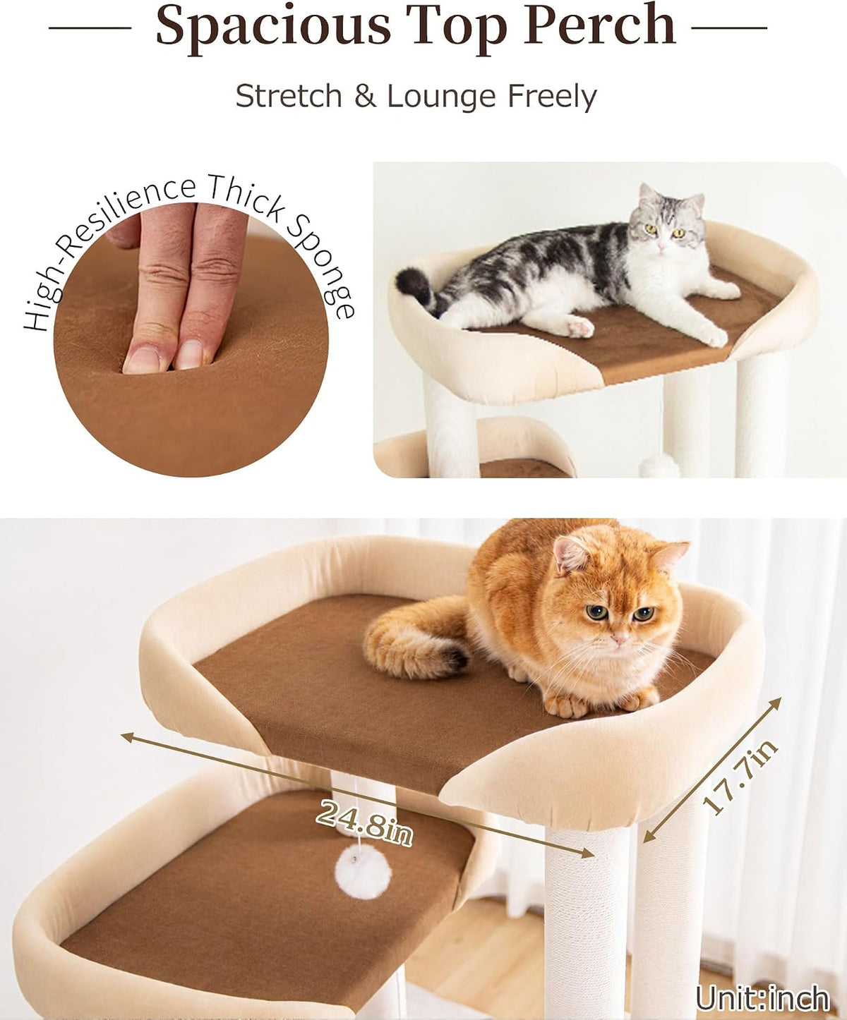 53" Cat Tree Tower for Large Cats, Large Perch & Sisal Board