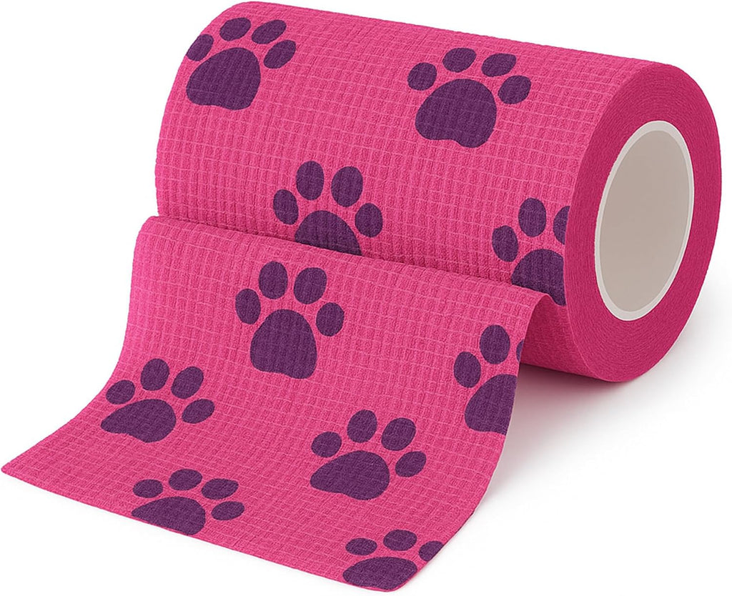 JorVet 4" x 10 Yards Cohesive Bandages | Fun Self-Adhesive Wrap for Animal Wound | Easy Tear, No Scissors Needed | Individually Wrapped Vet Tape, Secure & Flexible | Dog Paw Purple/Pink | Pack of 12