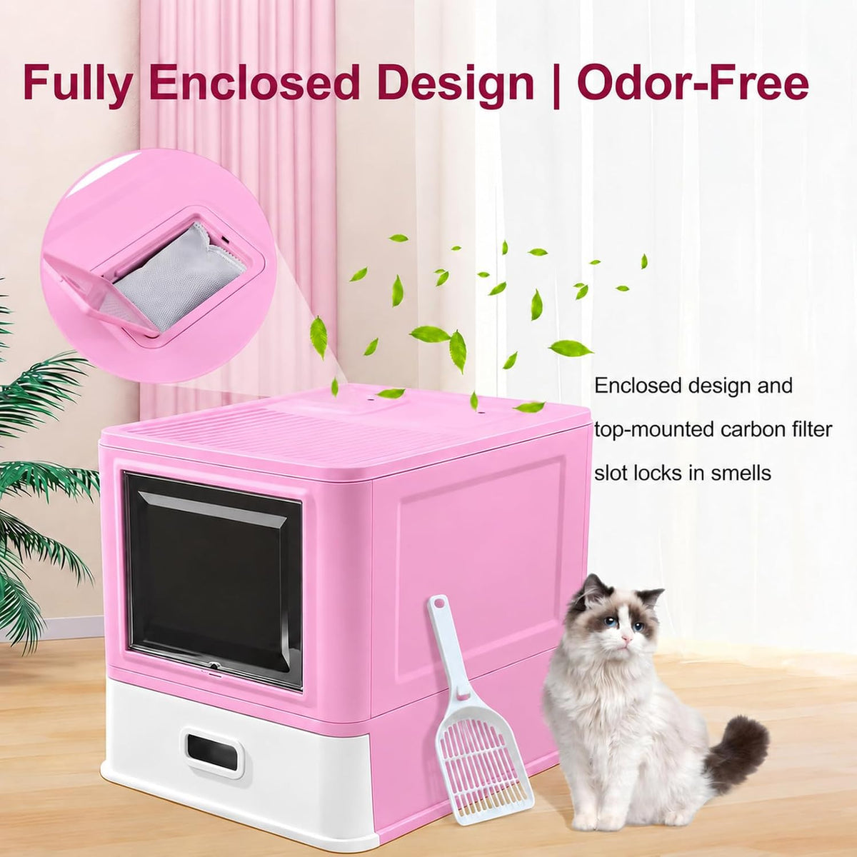Marchul Enclosed Stainless Steel Cat Litter Box with Lid & Drawer Design for Indoor All Lifestyles Cats, Metal Covered Cat Litter Box, Baffles for Anti-Leakag, with Litter Scoop & Litter Mat（Pink）
