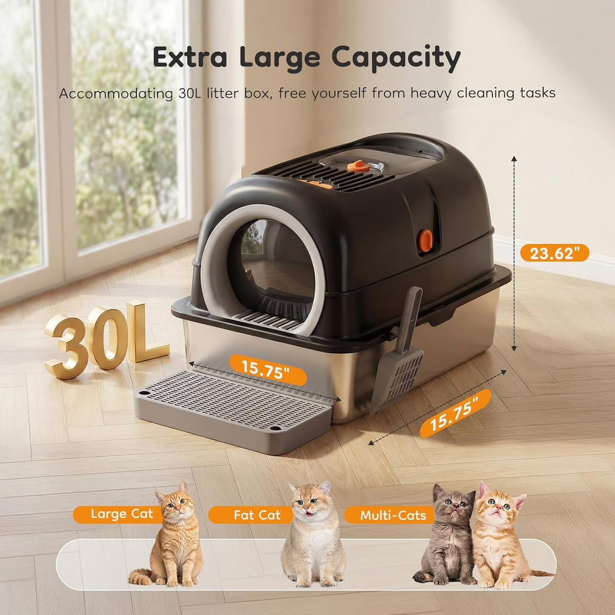 Enclosed Cat Litter Box, Stainless Steel Litter Box with Lid, Black