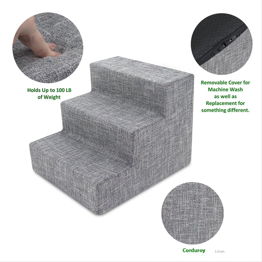 Best Pet Supplies Dog Stairs & Steps - Foam Steps for Small Dogs & Cats, Non-Slip Indoor Balanced Pet Step Support, Dog Ramp, No Assembly, Ash Gray Linen, 3-Step (13.5-inch Height)