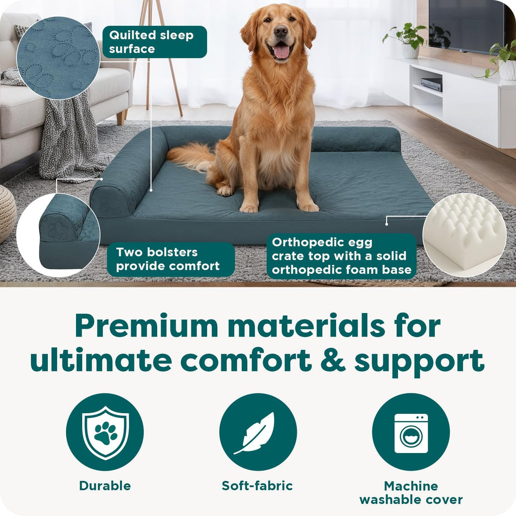 Furhaven Orthopedic Dog Bed for Large Dogs w/ Removable Bolsters & Washable Cover, For Dogs Up to 95 lbs - Pinsonic Quilted Paw L Shaped Chaise - Bluestone, Jumbo/XL