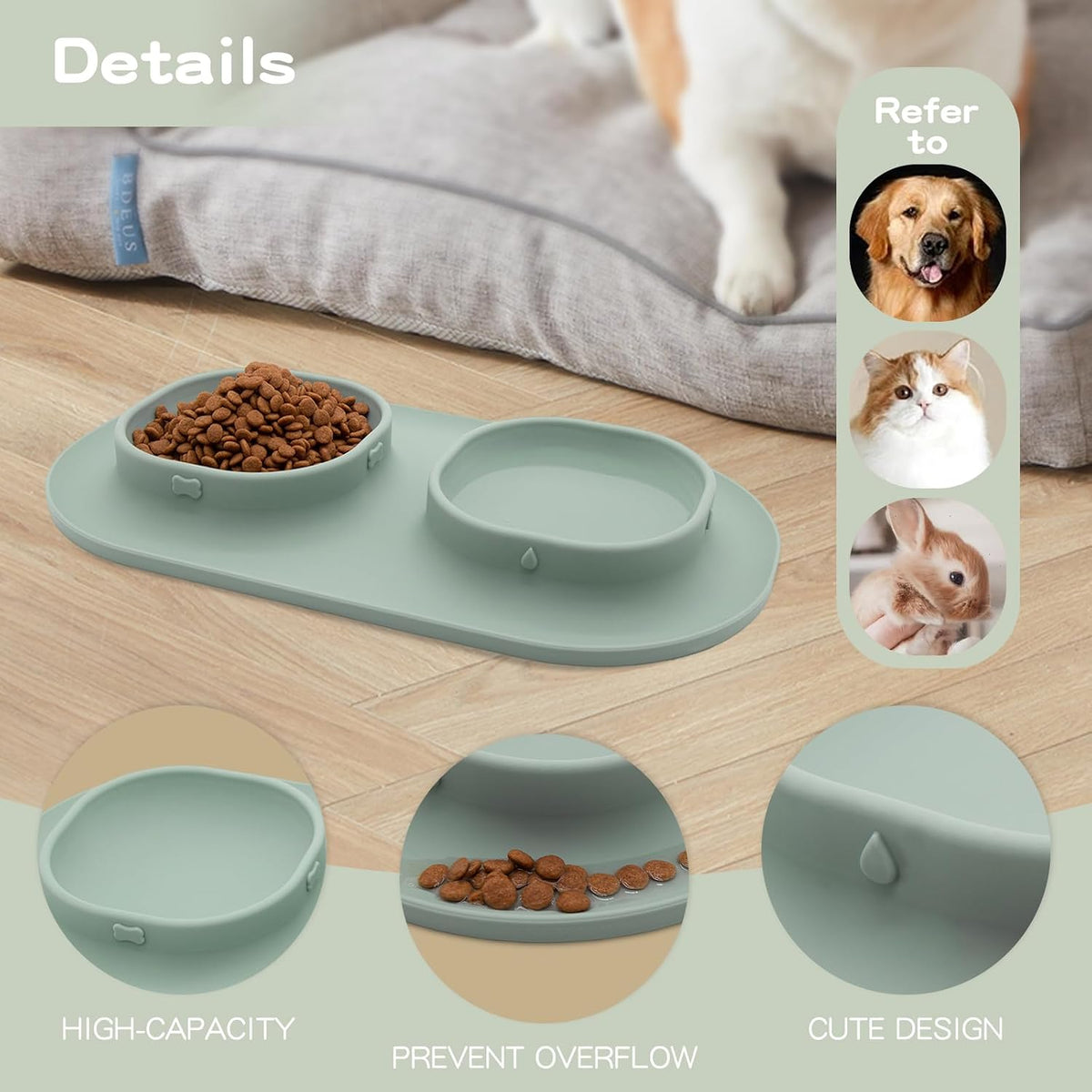 Dog Food Bowls Pet Bowls & Dog Water Bowls with No-Spill and Non-Skid, Feeder Bowls with Dog Bowl Mat for Small Medium Large Size Dogs Cats Puppy Pets, Dog Dishes (Green)