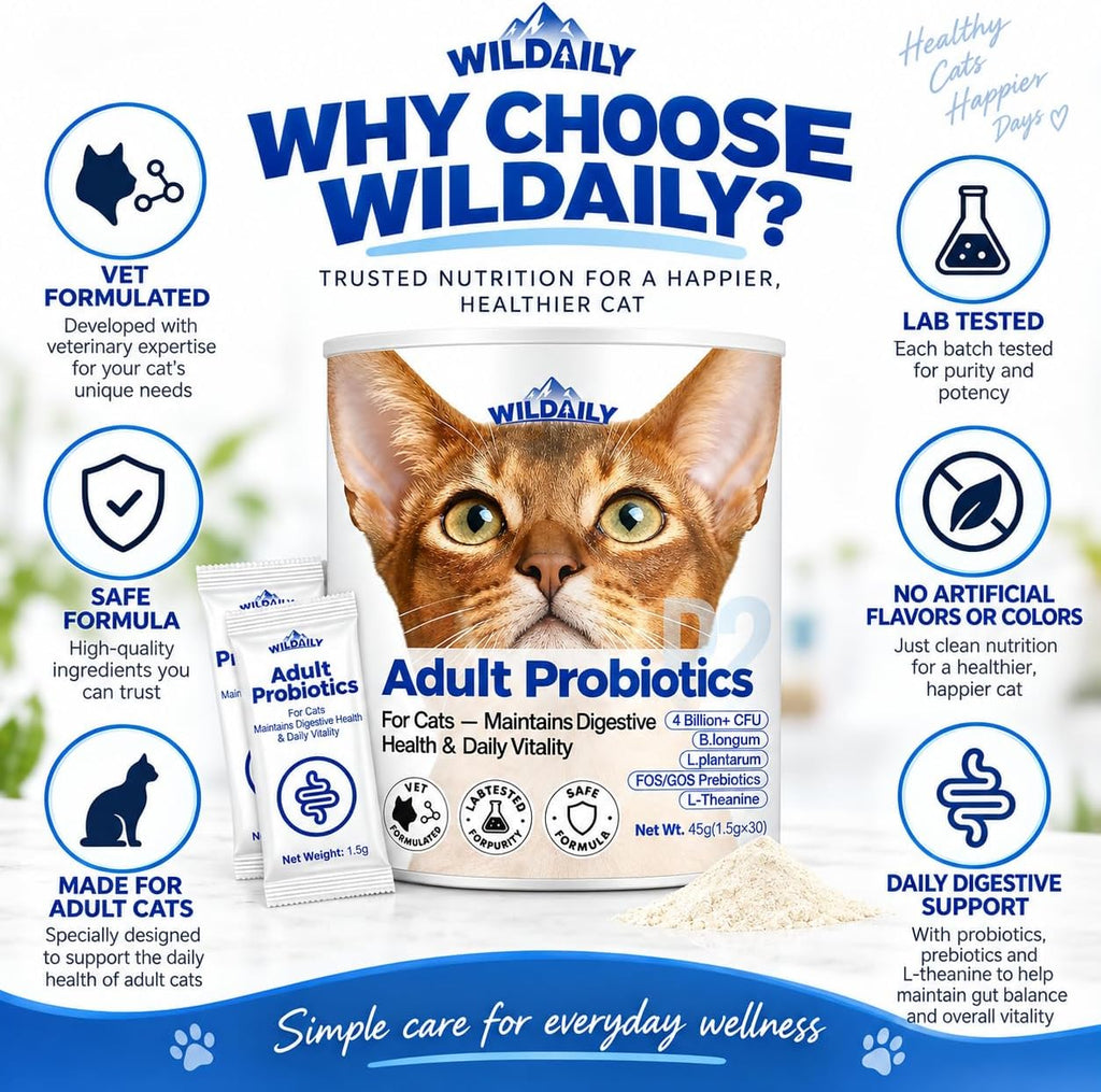 Probiotics for Cats with Prebiotics, 4 Billion CFU Digestive & Gut Health Support for Adult Cats, Probiotic Powder with B. longum + L. plantarum, FOS & GOS, 30 Daily Stick Packs