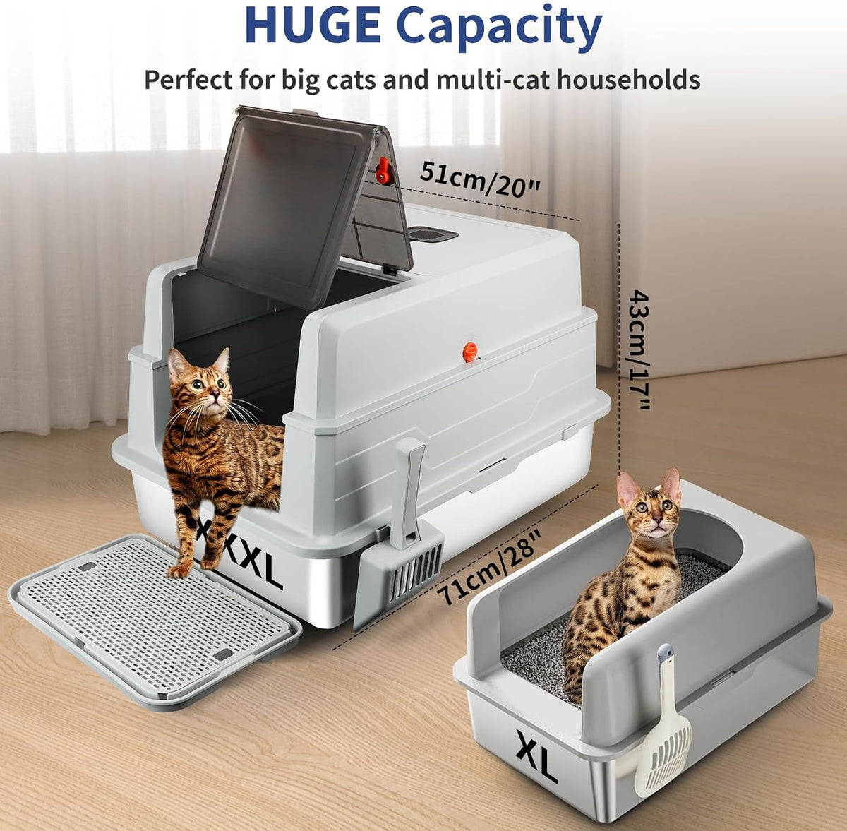 XXXL Stainless Steel Litter Box with Lid 28"x20"x17" Cat Box, Light Grey | Extra Large Enclosed Litter Box for Big Cats, High Sided Metal Cat Litter Box with Litter Scoop, Cat Step, Odor Control