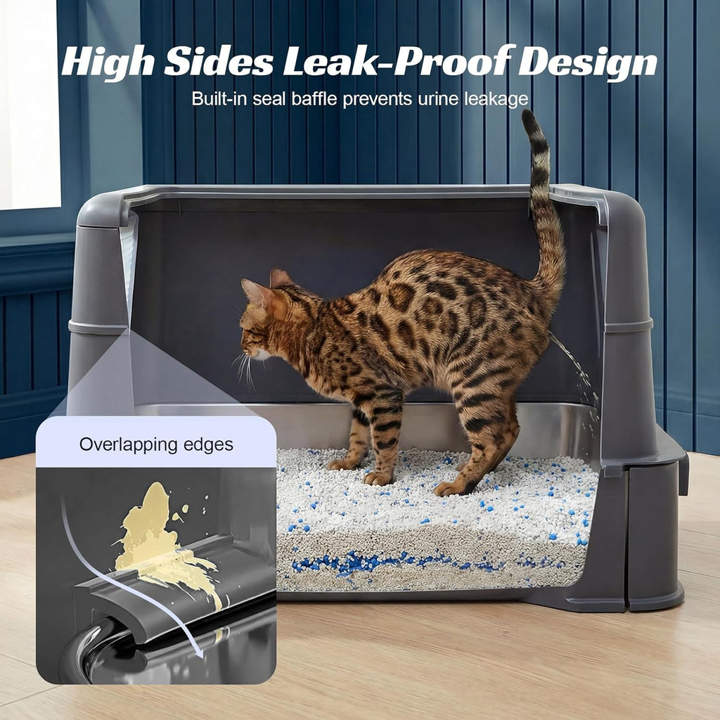 Stainless Steel Enclosed Cat Litter Box with Drawer, Extra Large Kitty Litter Box with Lid and Mat, Front & Top Entry Metal Cat Box for Big Cats, Odor Control, Easy to Clean, Grey