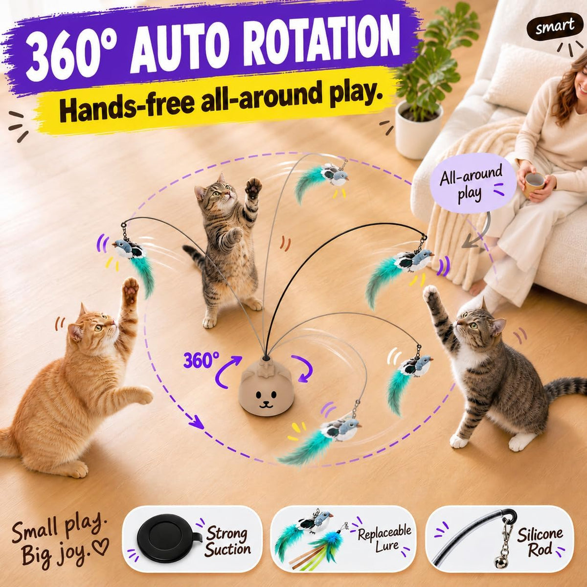 Interactive Cat Toys for Indoor Cats: Automatic Flying Bird Cat Toy with 360° Feather Wand, Strong 8cm Suction Cup, USB Rechargeable Self-Play Cat Toy for Bored Kittens & Adult Cats