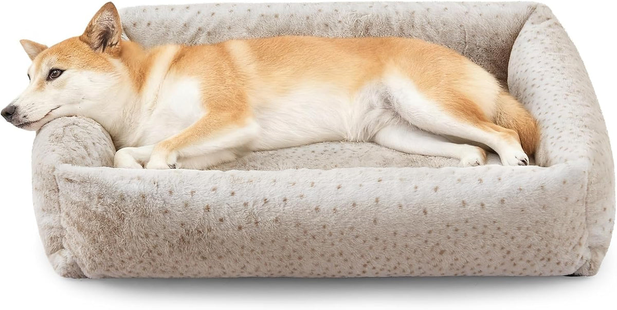 JOEJOY Large Dog Beds Large Sized Dog, Removable Washable Cover Orthopedic Soft Faux Rabbit Fur Pet Bed, Anti-Slip Fluffy Plush Faux Rabbit Fur Puppy Bed, 36"x27"x8", Leopard Print, Beige